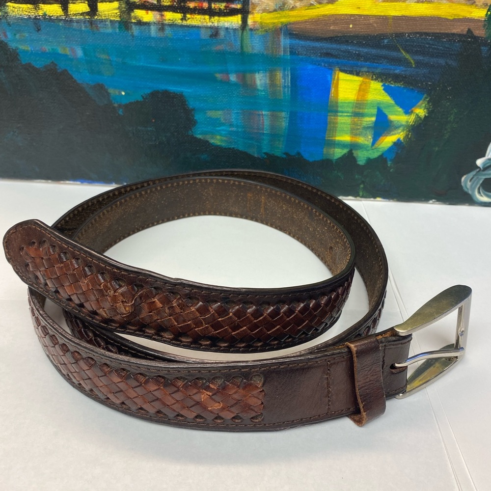 Men’s Woven Leather Belt, Silver Buckle, Brown Size 40/41